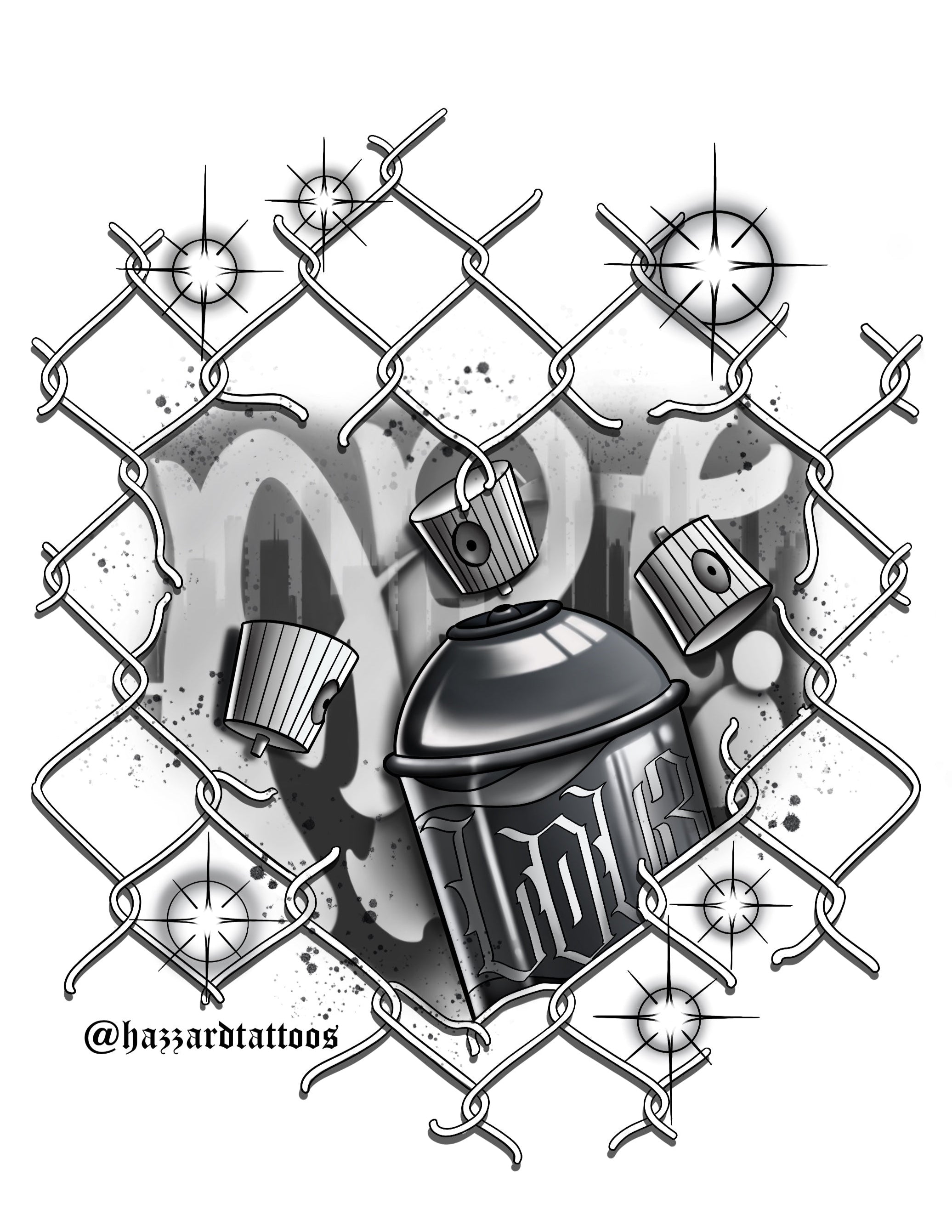 Black and white illustration of spray cans.