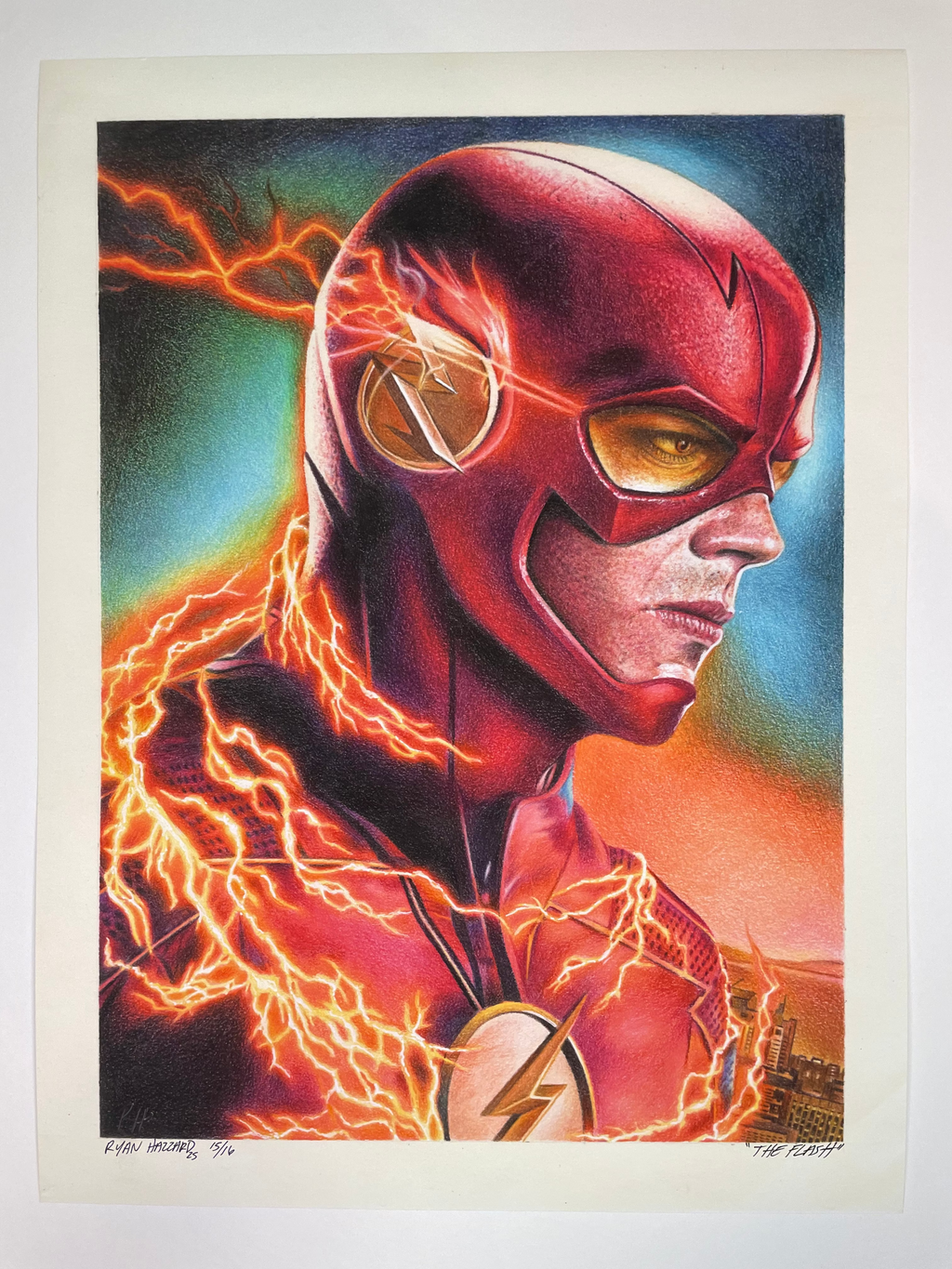 Illustration of The Flash in a red suit with lightning effects on a colorful background