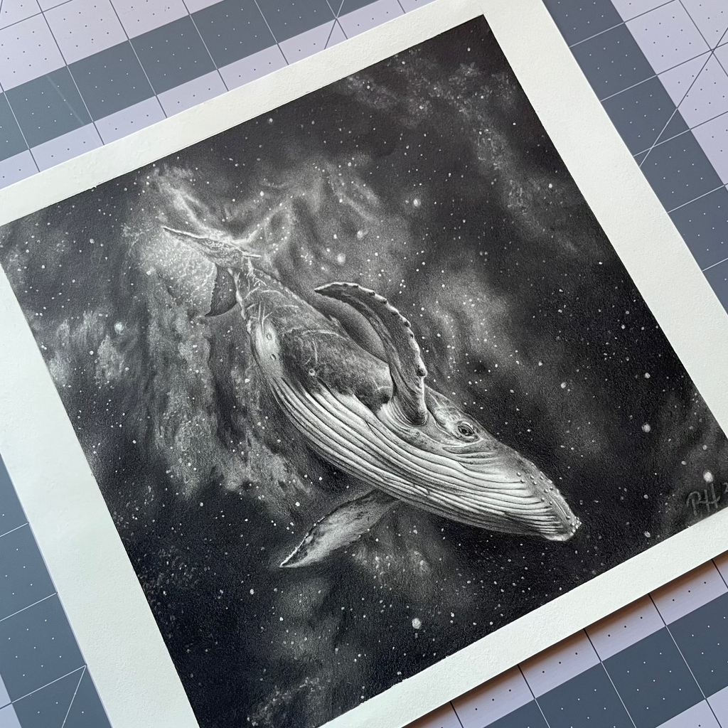 Black and white illustration of a whale on a grid surface
