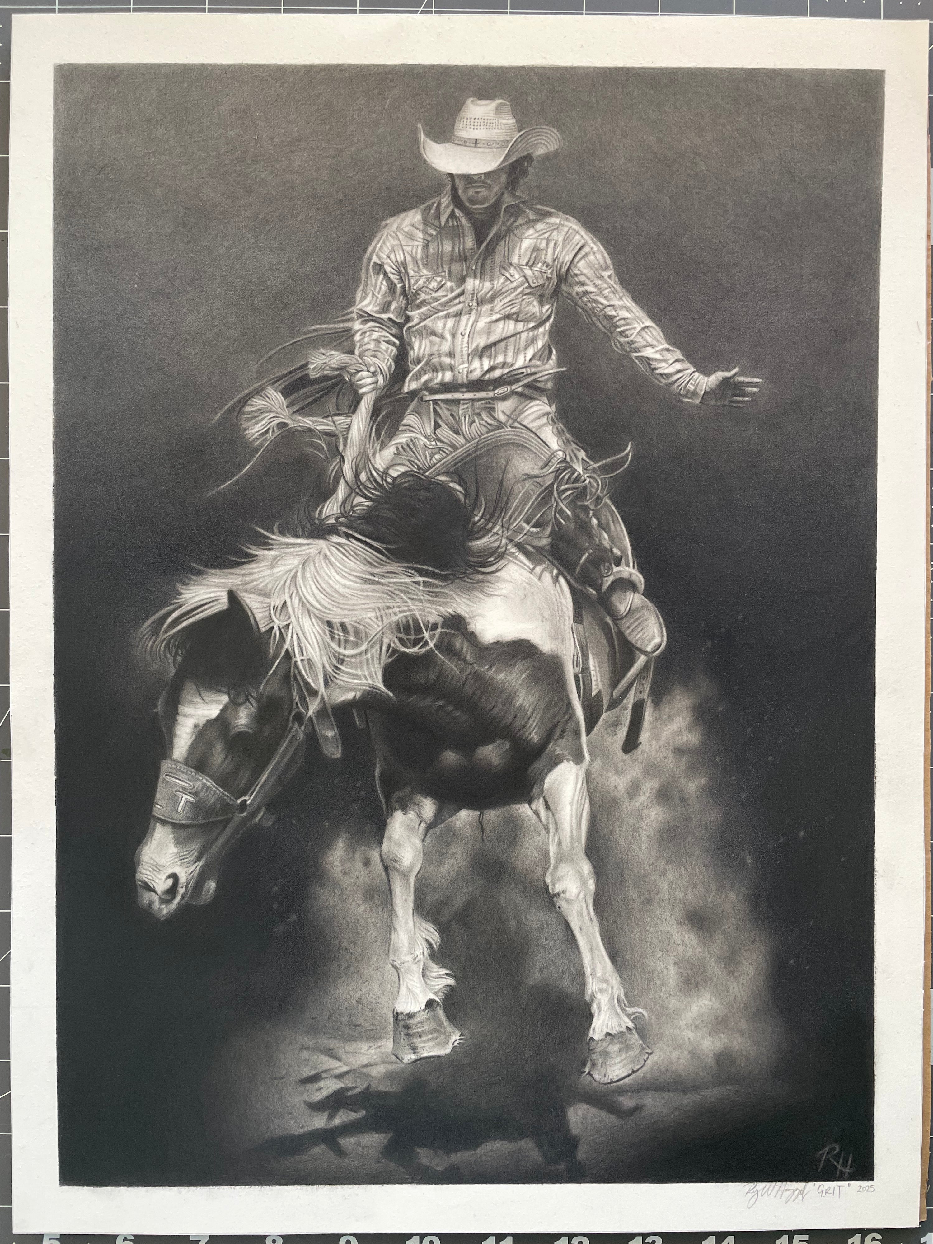 Black and white drawing of a cowboy riding a bucking bronco