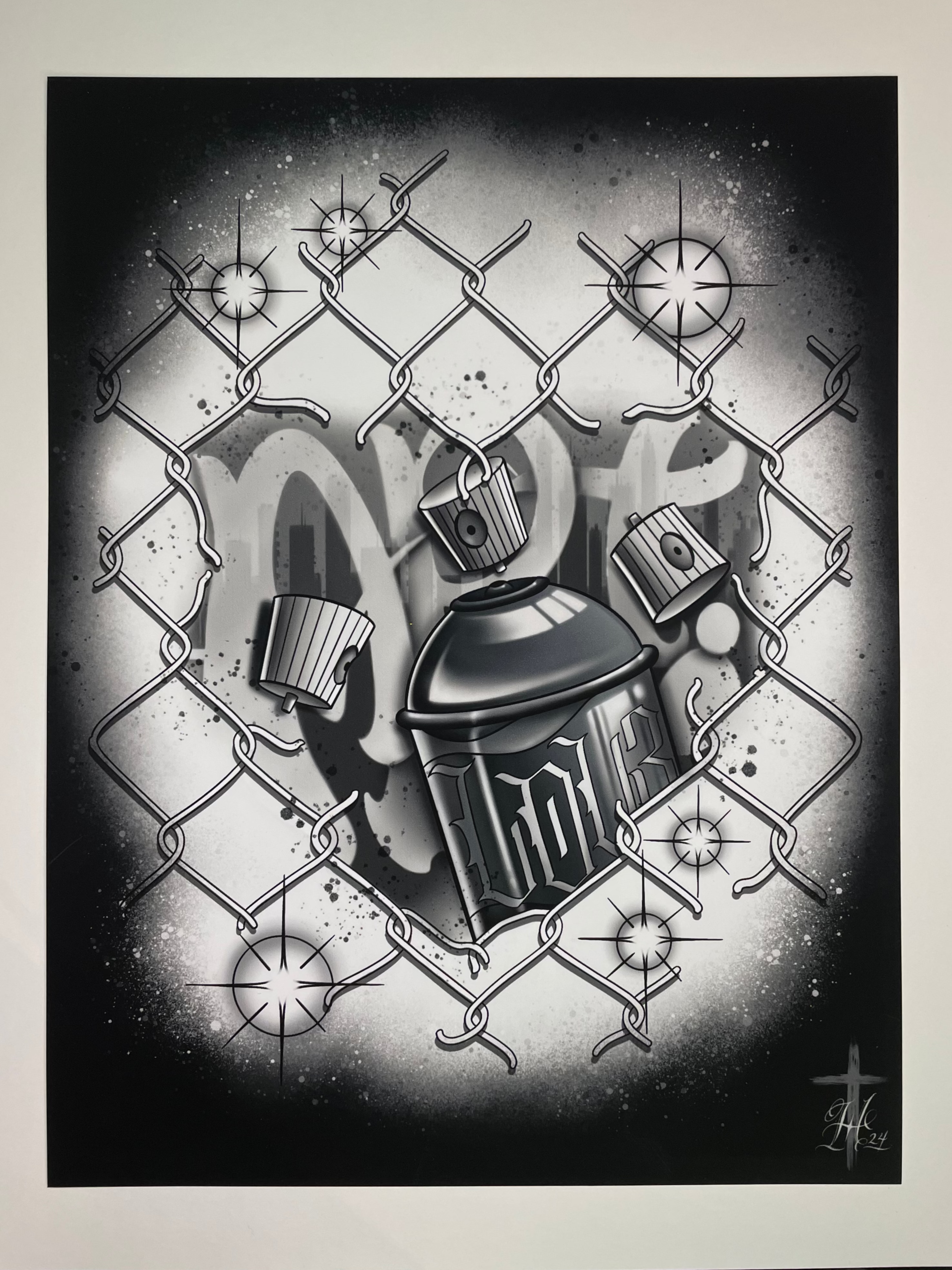 Black and white illustration of a spray paint can, caps, and chain-link fence with stars in the background.