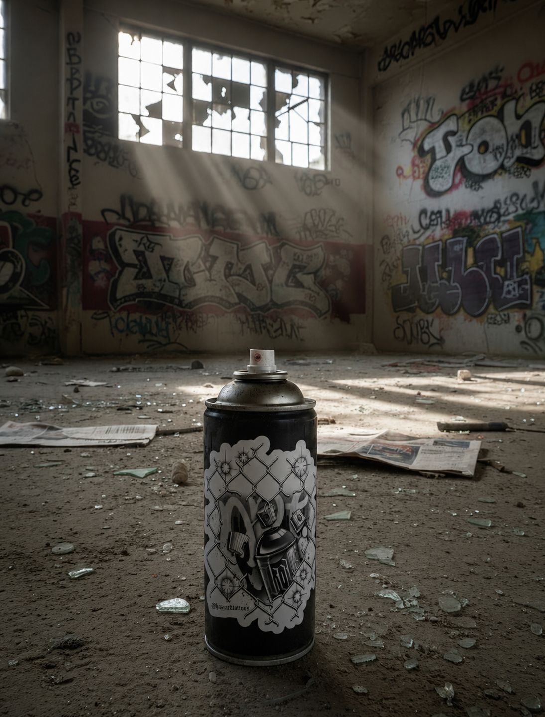 Spray paint can with graffiti design in an abandoned room with graffiti-covered walls.