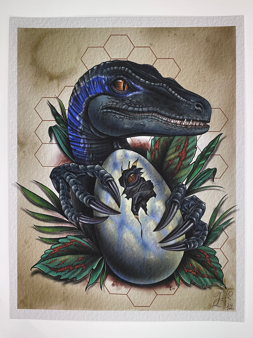 Illustration of a dinosaur with a baby dinosaur hatching from an egg with leaves on a beige background.