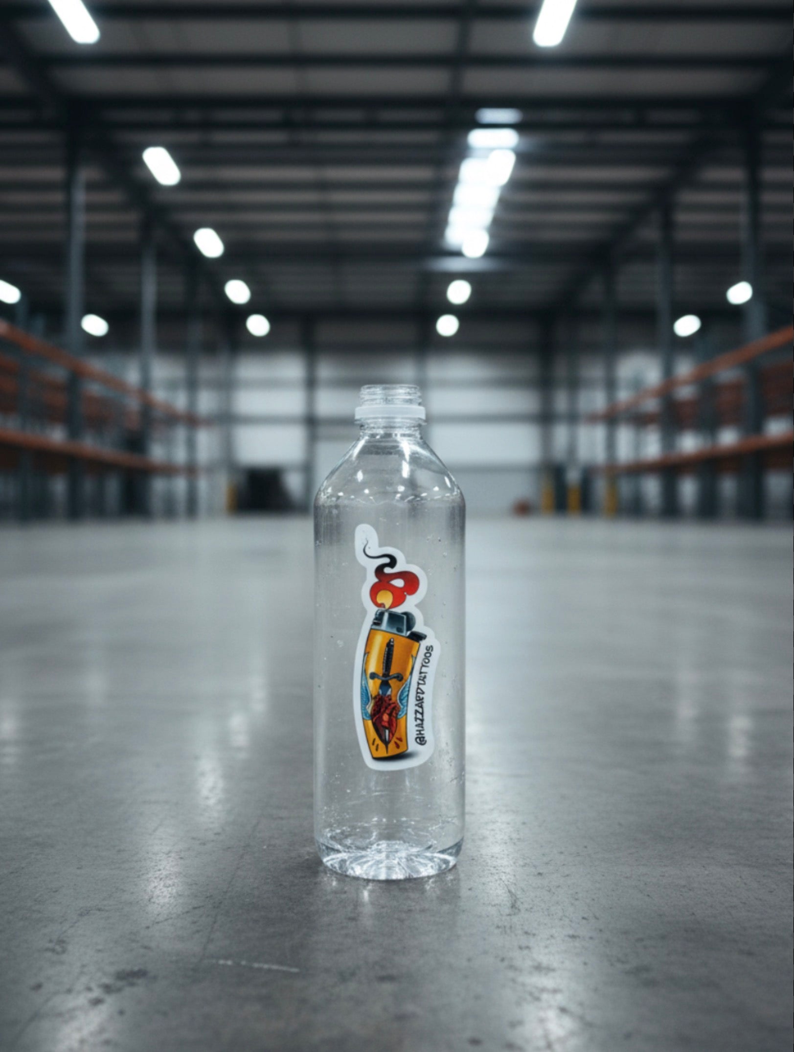 Clear plastic bottle with a colorful sticker on a concrete floor in a large warehouse.