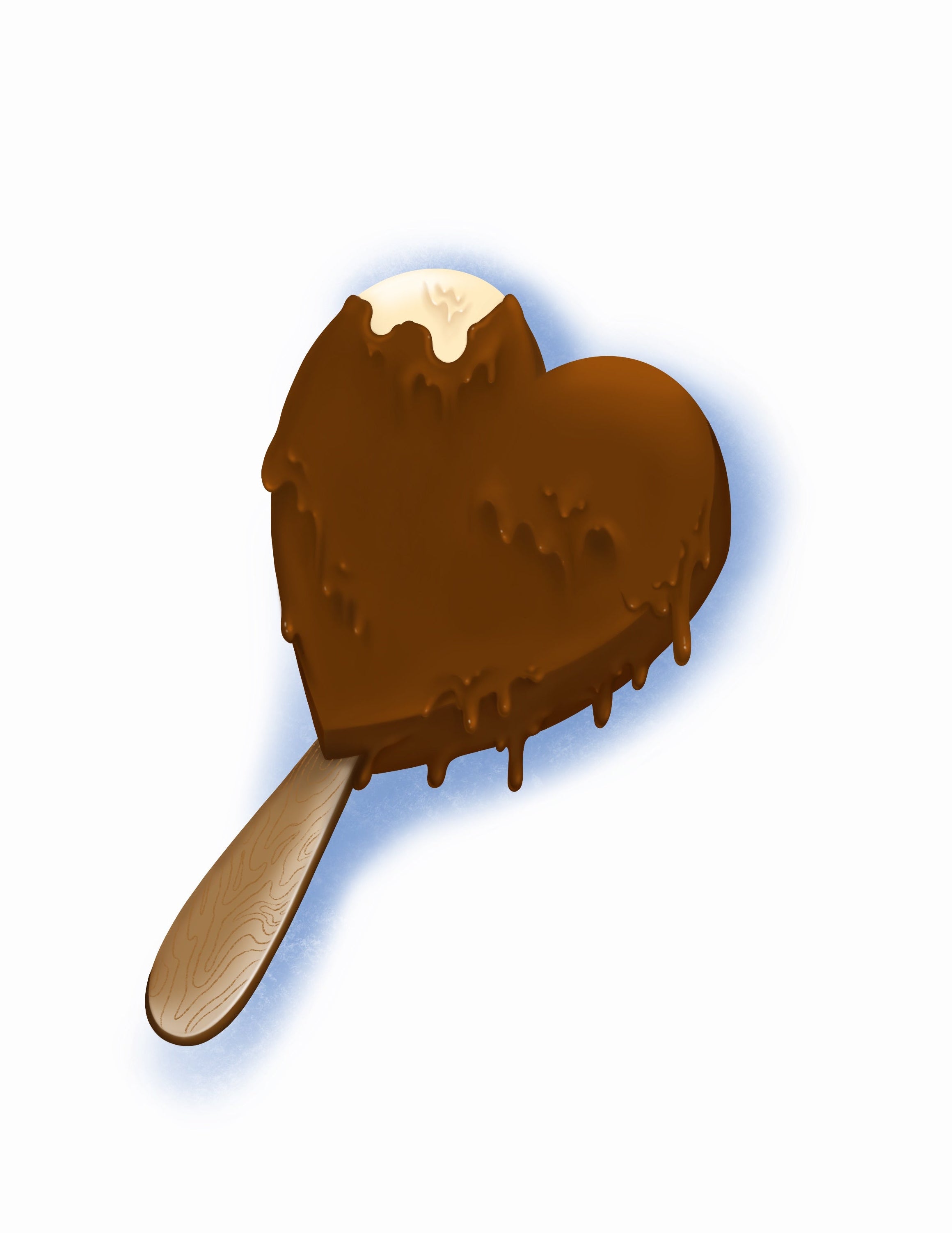 Heart shaped Chocolate ice cream bar with wooden stick on a white background